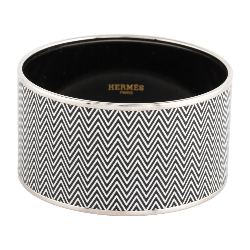 Hermes Black And White Chevron Extra Wide Bangle